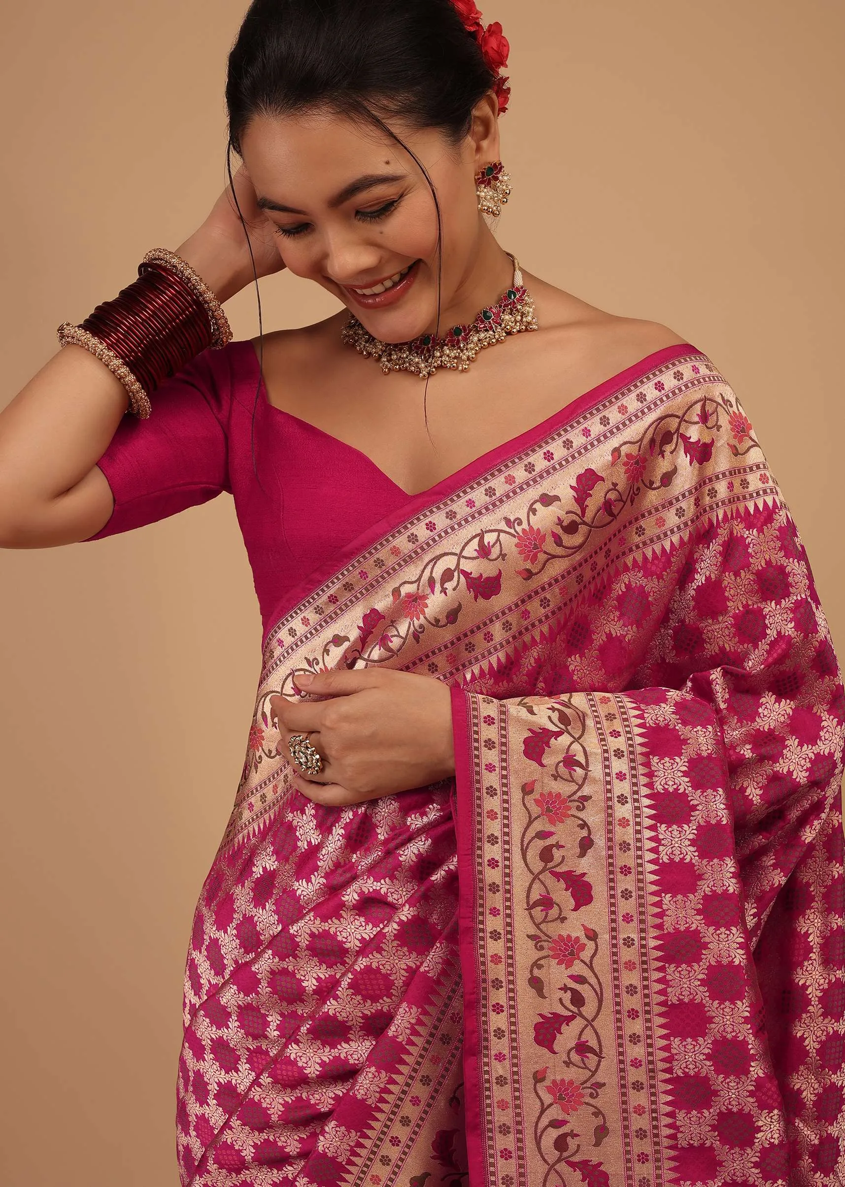 Magenta Pink Saree In Pure Banarasi Silk With Upada Zari Weave In Floral Jaal Work