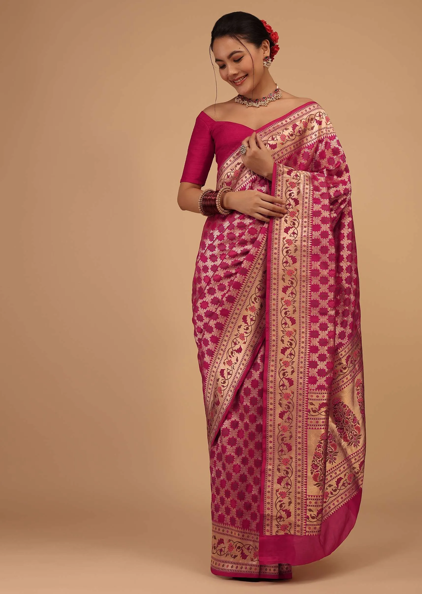 Magenta Pink Saree In Pure Banarasi Silk With Upada Zari Weave In Floral Jaal Work
