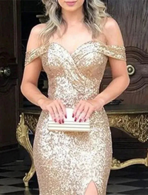 Mermaid / Trumpet Prom Dresses Sparkle & Shine Dress Party Wear Wedding Party Sweep / Brush Train Sleeveless Off Shoulder Sequined with Sequin Slit Evening Dress
