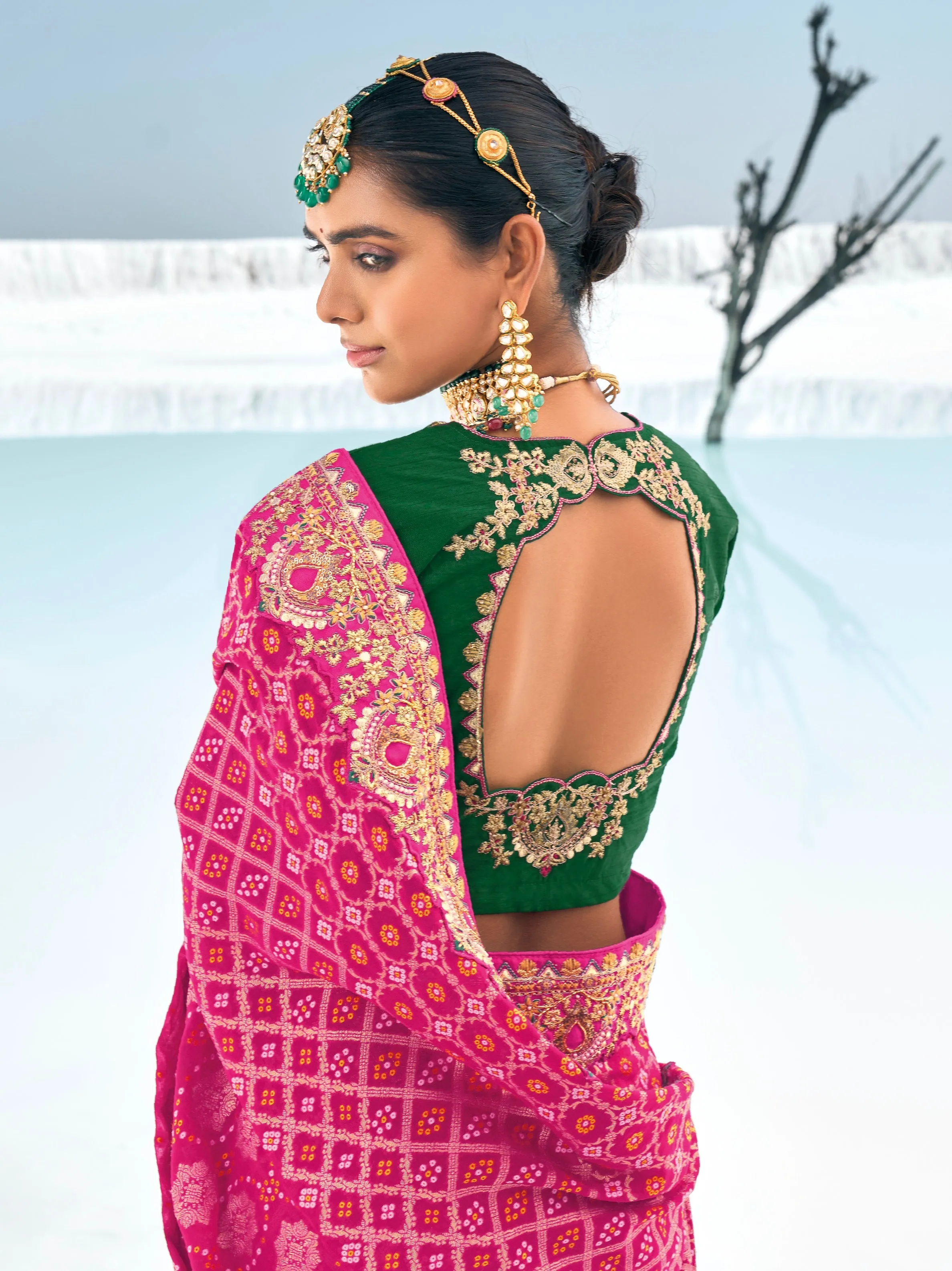 Pink Bandhani Saree with Zari Weaving & Designer Dual Blouses