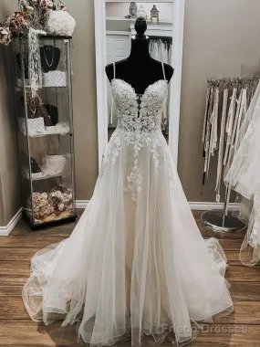 V Neck White Lace Wedding Dresses, V Neck White Lace Formal Prom Dresses