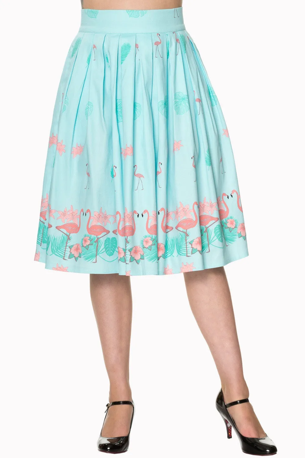 Vintage Retro Inspired Tropical Pink Flamingos Pleated A-Line Light Blue Midi skirt