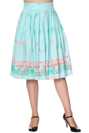 Vintage Retro Inspired Tropical Pink Flamingos Pleated A-Line Light Blue Midi skirt