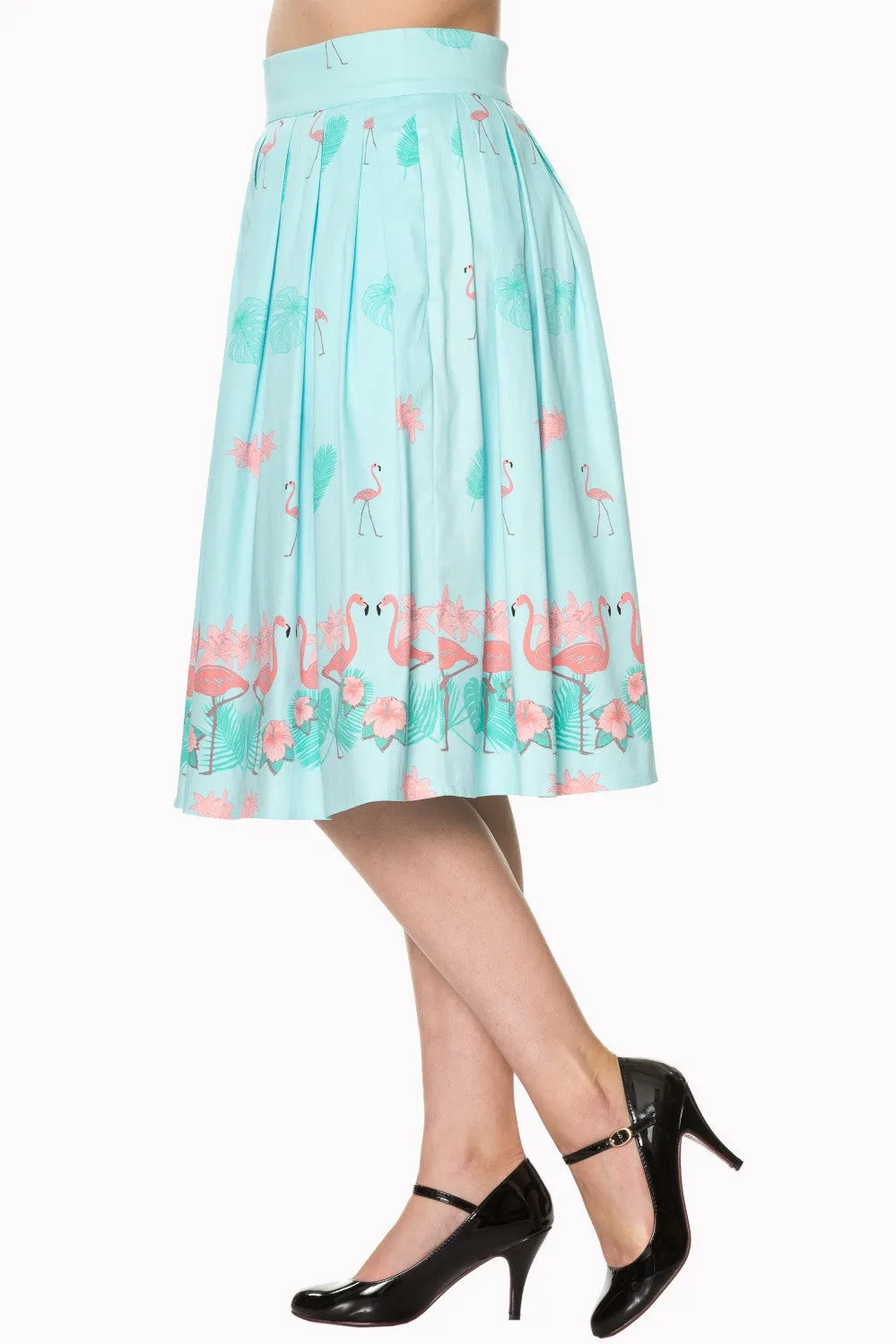 Vintage Retro Inspired Tropical Pink Flamingos Pleated A-Line Light Blue Midi skirt