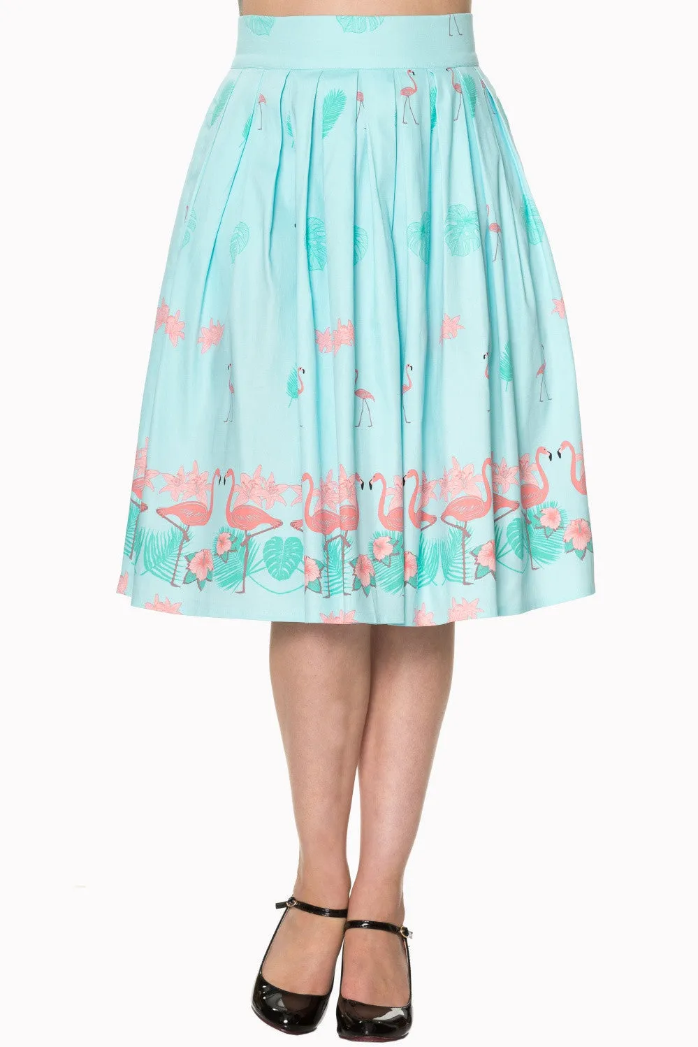 Vintage Retro Inspired Tropical Pink Flamingos Pleated A-Line Light Blue Midi skirt