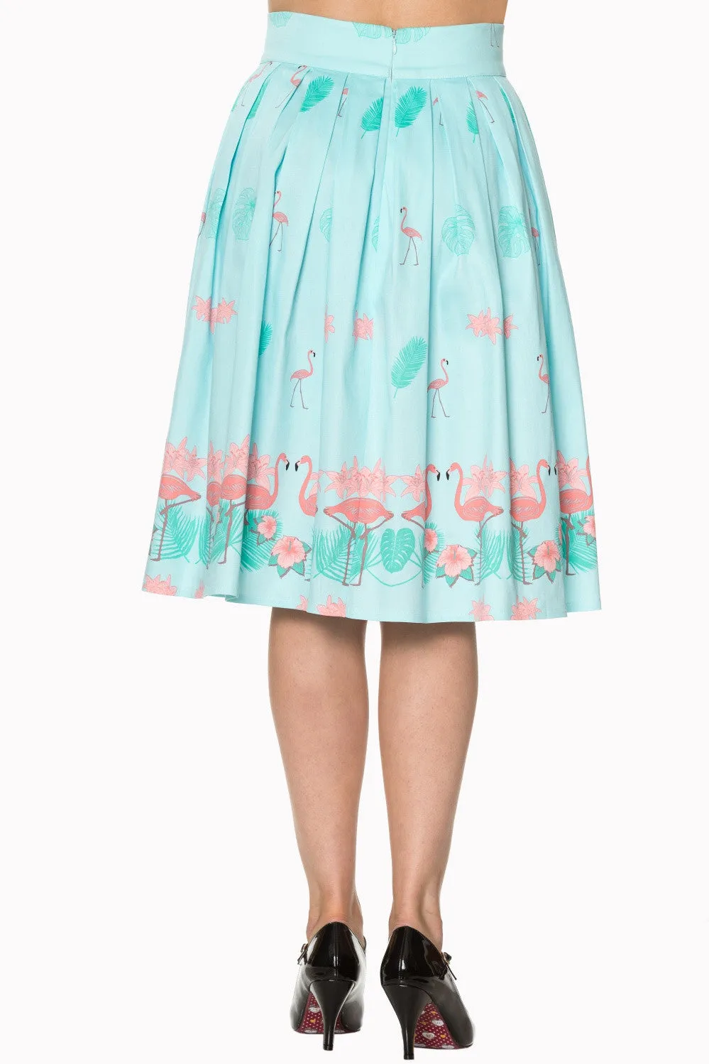 Vintage Retro Inspired Tropical Pink Flamingos Pleated A-Line Light Blue Midi skirt