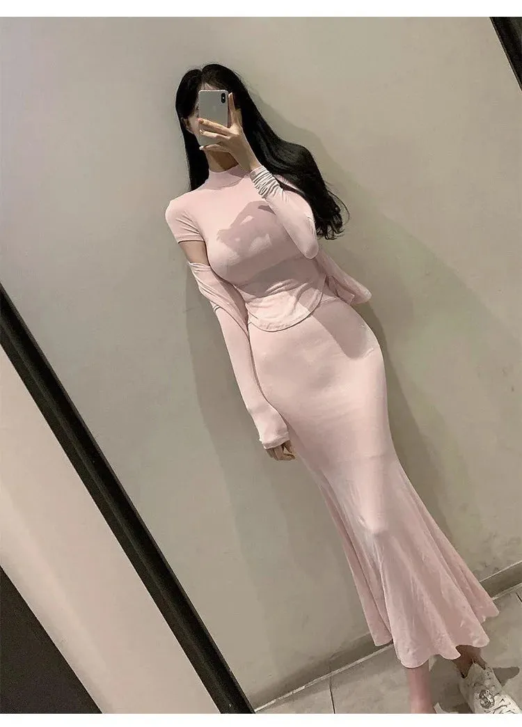 Womens Skirts Set Pink Korea Slim Sexy